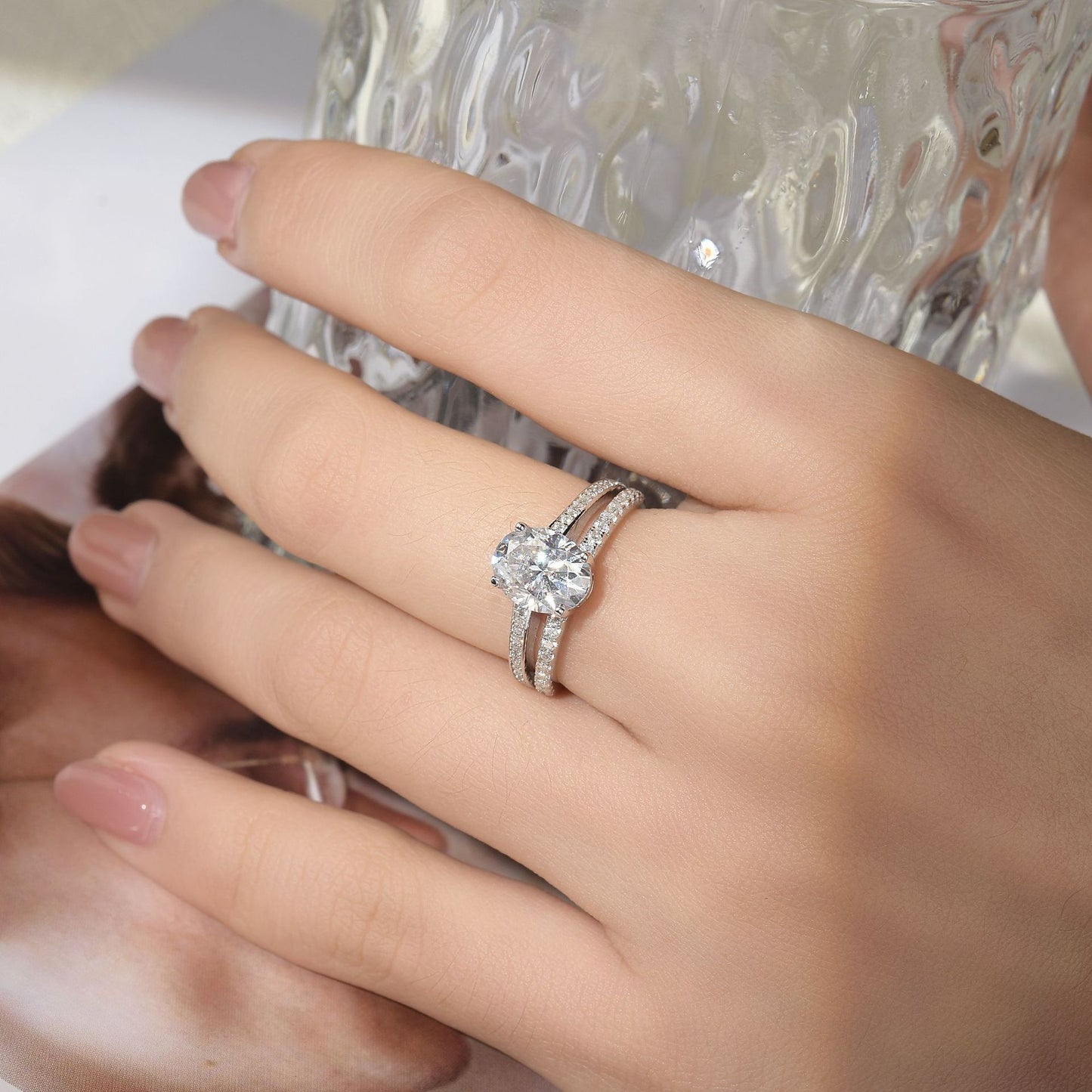 Oval Moissanite Double Band Engagement Ring, 2 Carat S925 Sterling Silver with 18K Gold Plating product image