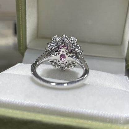 Lab-Created Pink Sapphire Oval Halo Ring in 925 Sterling Silver