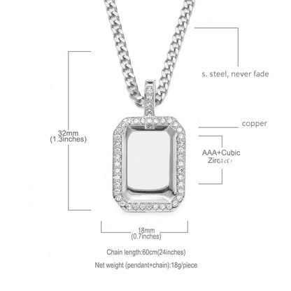 Iced Out Rectangle Pendant Necklace with 24 Inch Cuban Chain for Women and Men