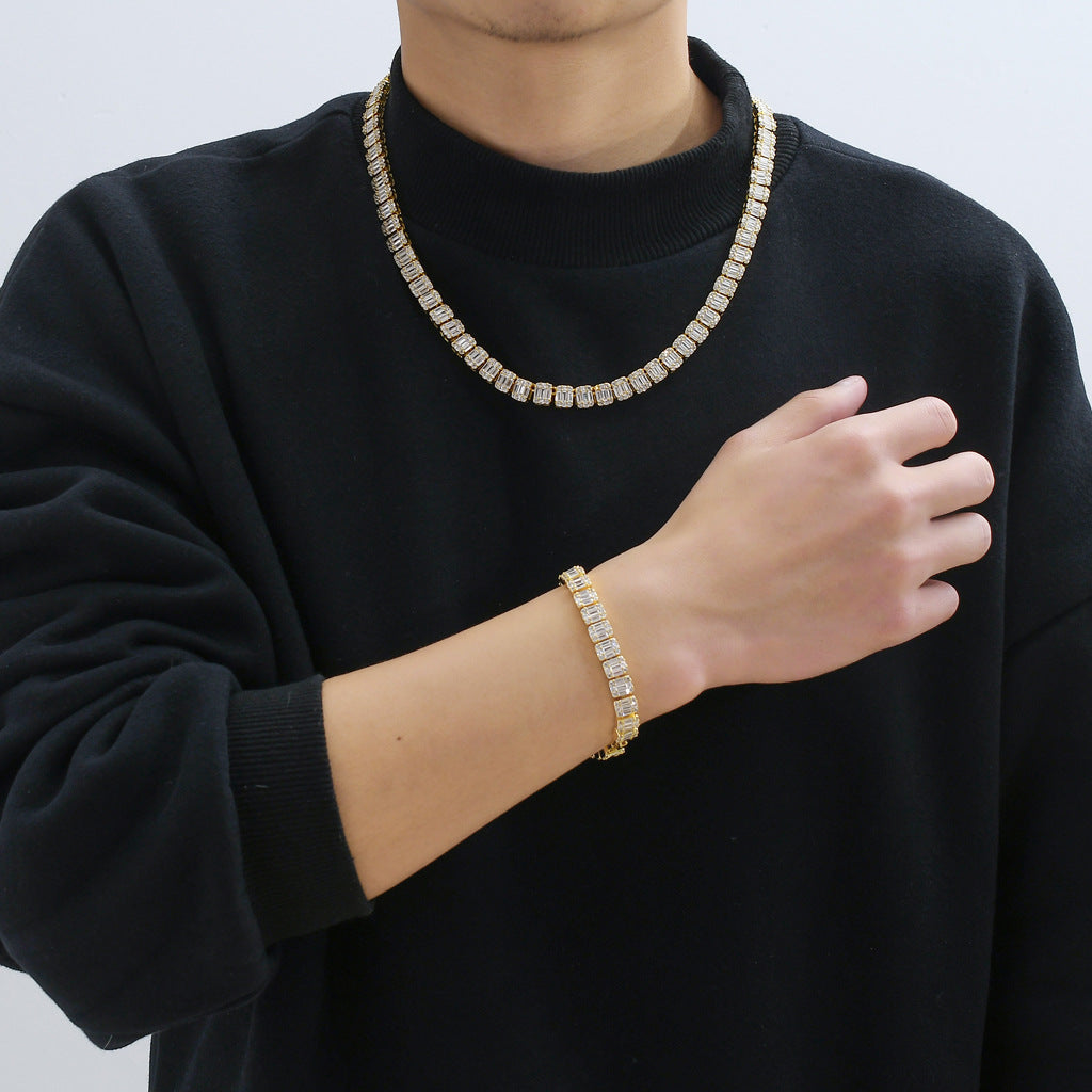 Hip Hop Square Iced Link Copper Necklace for Men and Women