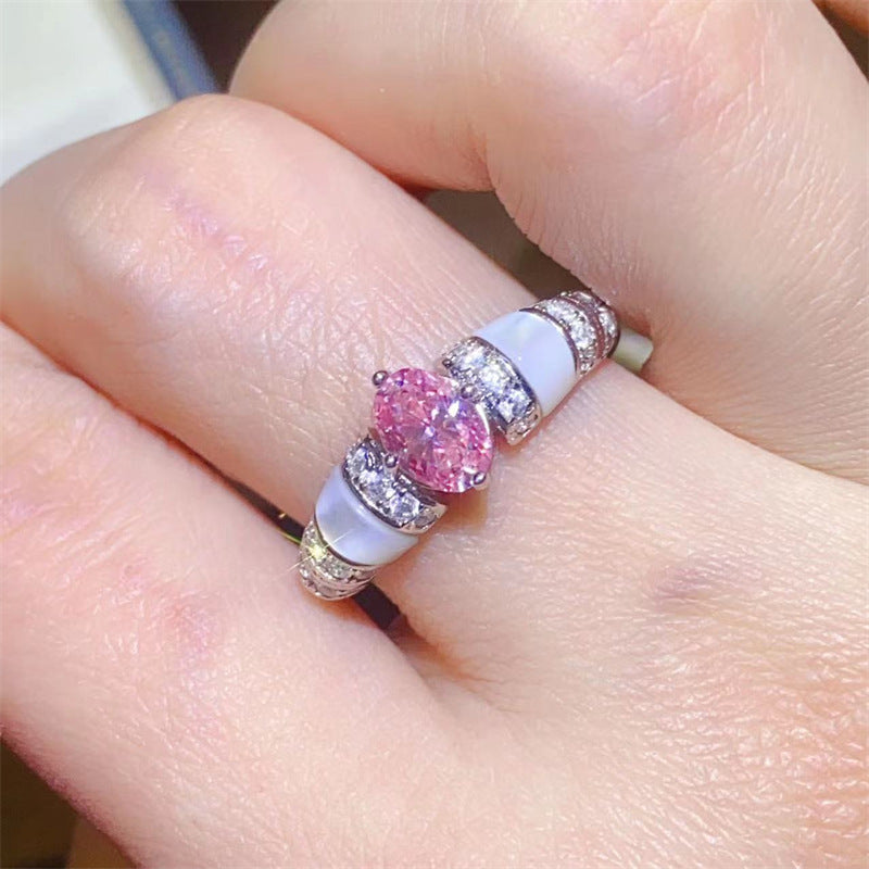Oval Moissanite Ring for Women with Mother-of-Pearl Inlay, Pink or Blue 1 Carat Look, Pavé Accent Band product image