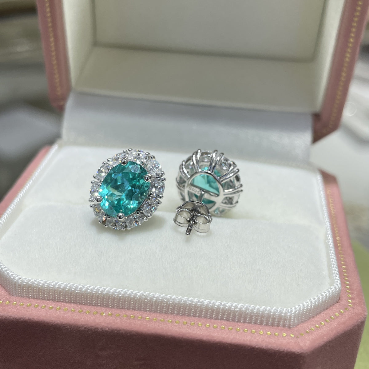 Oval Blue-Green Gemstone Halo Stud Earrings, Vintage-Inspired Sparkling Ear Studs product image