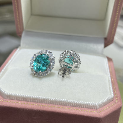 Oval Blue-Green Gemstone Halo Stud Earrings, Vintage-Inspired Sparkling Ear Studs