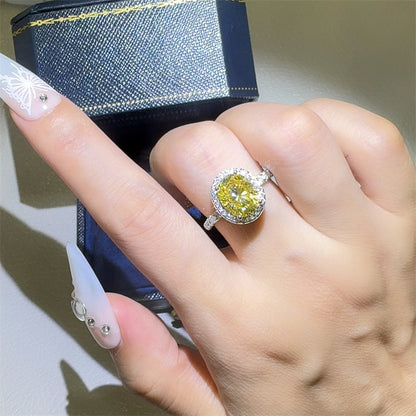 Oval Yellow Moissanite Halo Ring for Women, VVS1 Statement Engagement Ring
