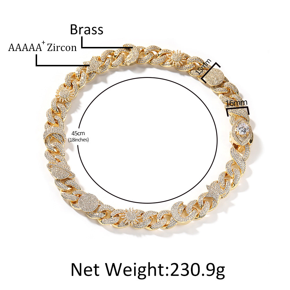 Men’s Iced Out Cuban Link Chain Bracelet or Necklace with Cubic Zirconia Sun Moon Star Eye Charms