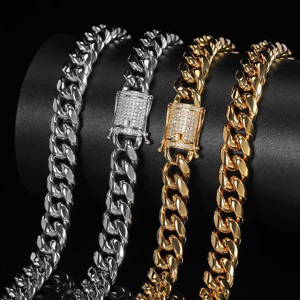 12 mm Polished Cuban with Stone-Accent Clasp Hip Hop Necklace with Stainless steel Base - CHA008 product image