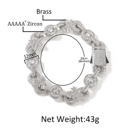 Iced Out Circular Link Cuban Chain Necklace Bracelet for Women & Men, Gold or Silver Color Cubic Zirconia Statement Jewelry