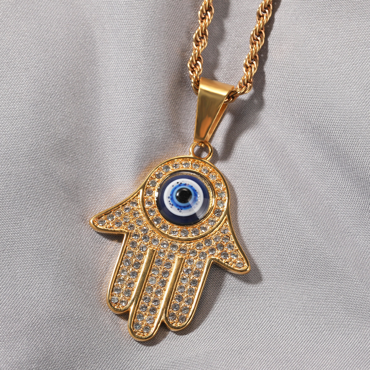 Gold Plated Evil Eye Hamsa Hand Pendant Necklace with Cubic Zirconia Hip Hop Statement Chain product image