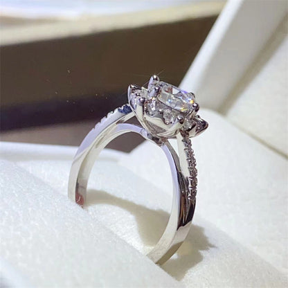 Moissanite Halo Ring for Women, Round Engagement Ring with Pave Band, Promise Ring Sizes 9-19