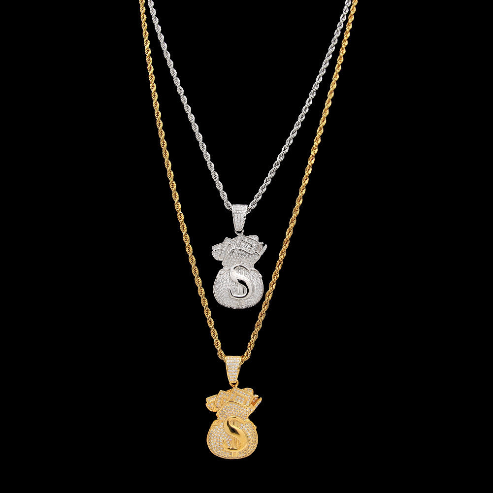Gold Plated Money Bag Pendant Necklace with Cubic Zirconia on 24 Inch Twisted Stainless Steel Chain