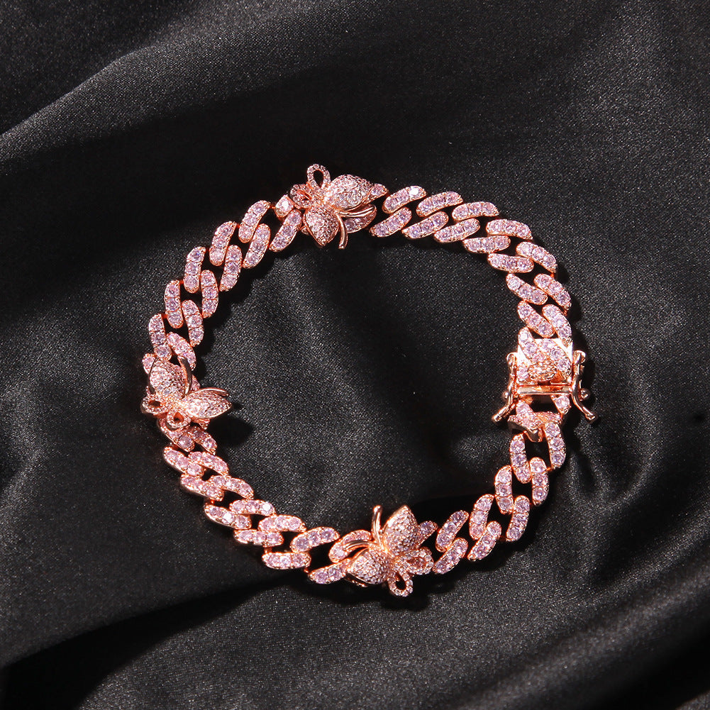 Butterfly Cuban Link Bracelet Anklet with Cubic Zirconia for Women & Men - Gold, Silver, Rose Gold Statement Chain Jewelry