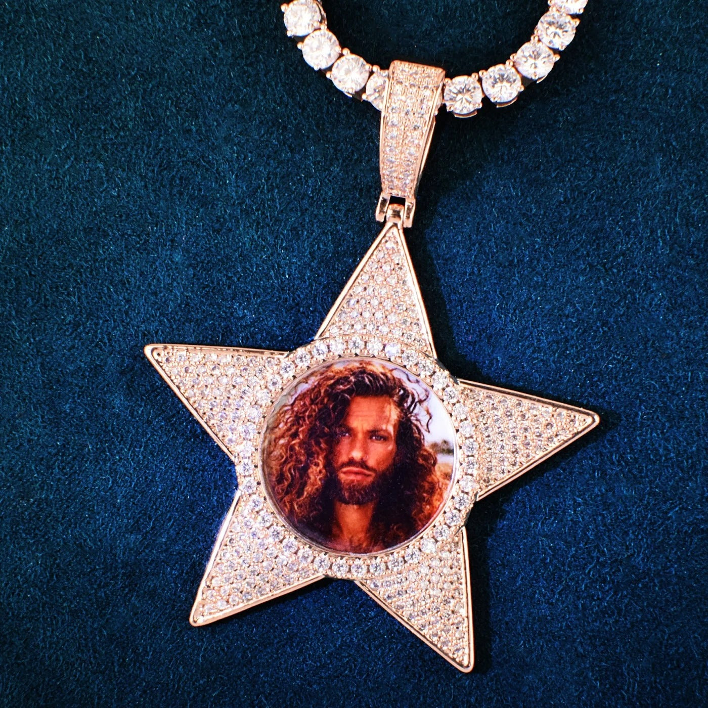 Unisex Iced Star Photo Pendant Necklace