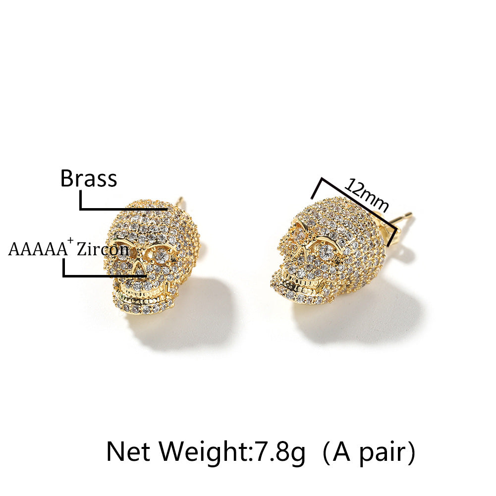 Unisex Skull Stud Earrings with Cubic Zirconia - Hip Hop Statement Earrings in Gold or Silver Tone