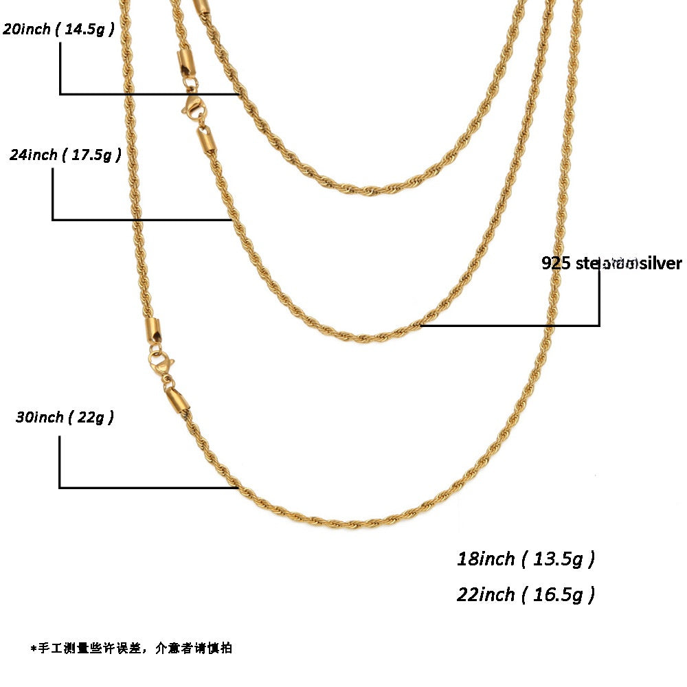 Unisex Twisted Rope Chain Necklace in 925 Sterling Silver, Gold Plated or Silver Plated Hip Hop Pendant Chain