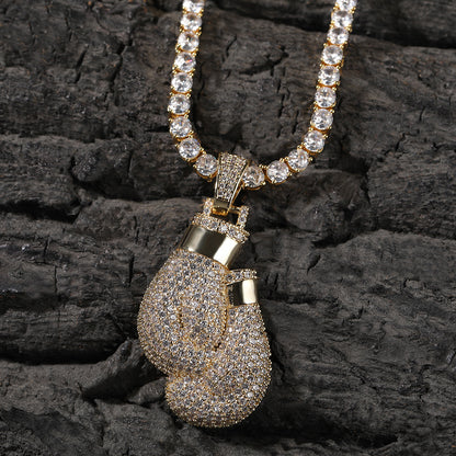 Iced Boxing Glove Pendant Necklace with Cubic Zirconia Rope Chain for Women & Men