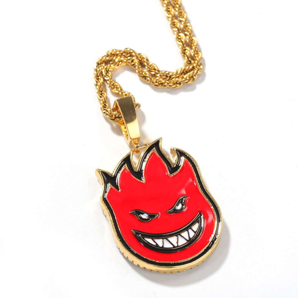 Gold Tone Stainless Steel Flame Face Pendant Necklace with crystal detail Detail product image