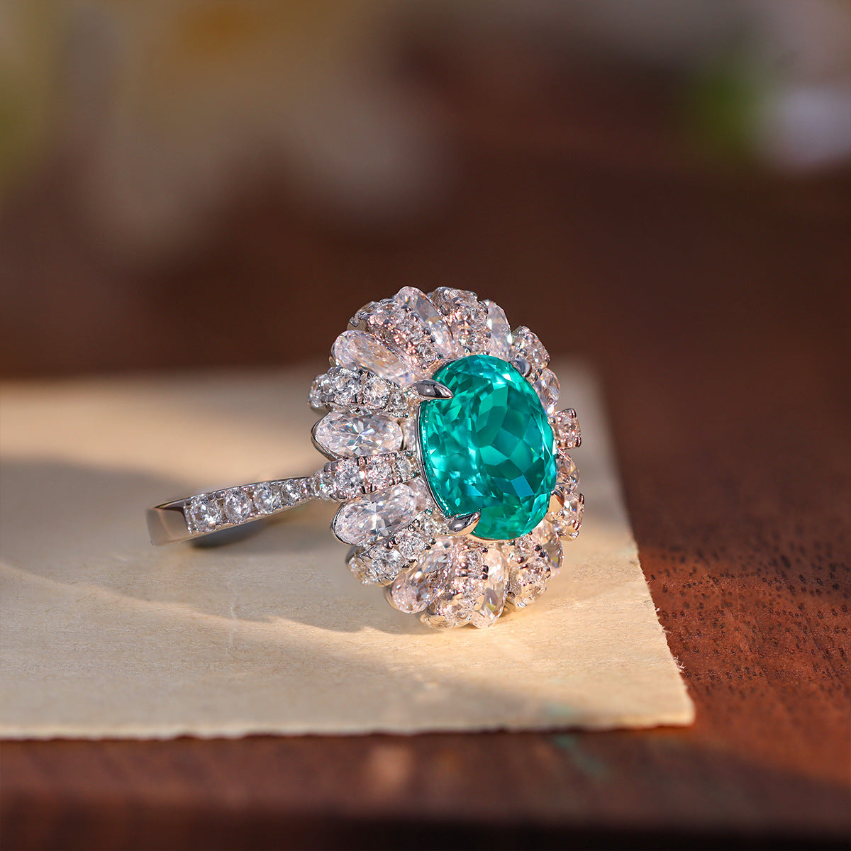 5 Carat Oval Teal Halo Ring for Women, S925 Silver, 18K Gold Plated product image