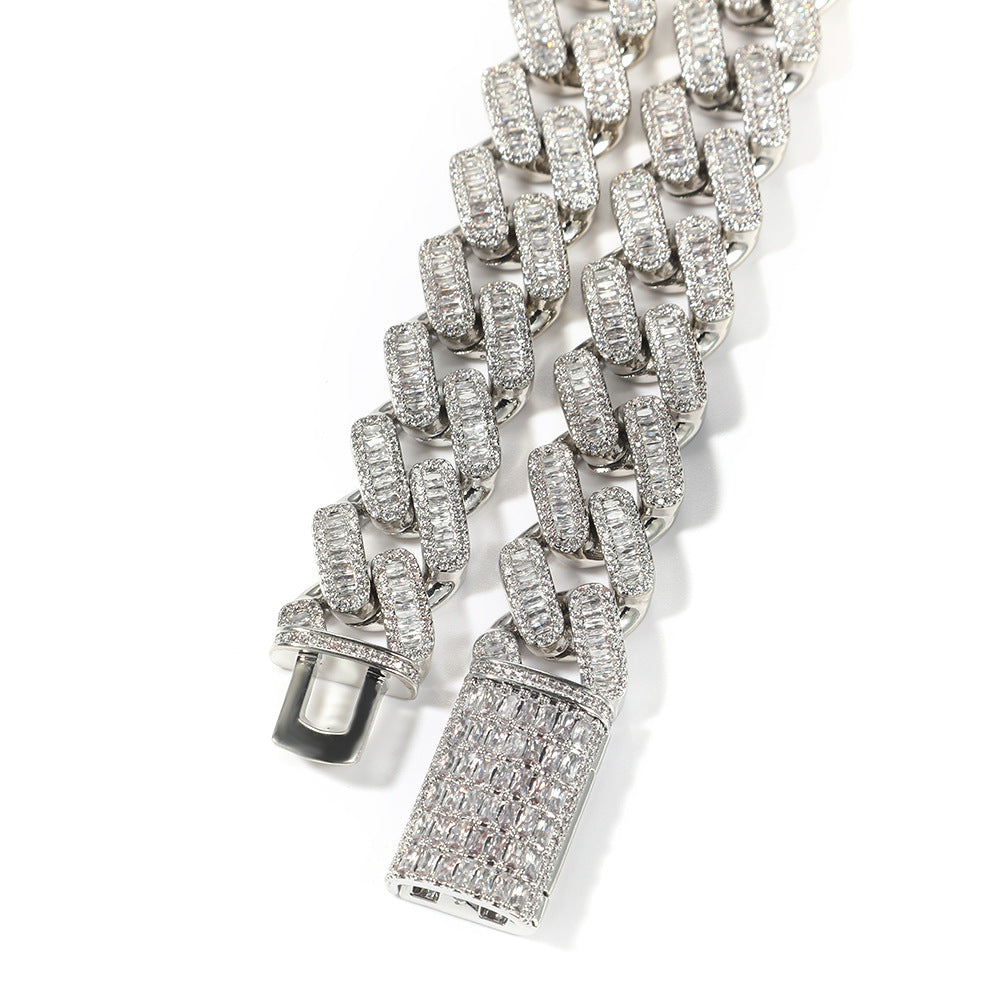 Iced Out Cuban Link Chain Necklace Bracelet Set with Cubic Zirconia Pendant for Women and Men