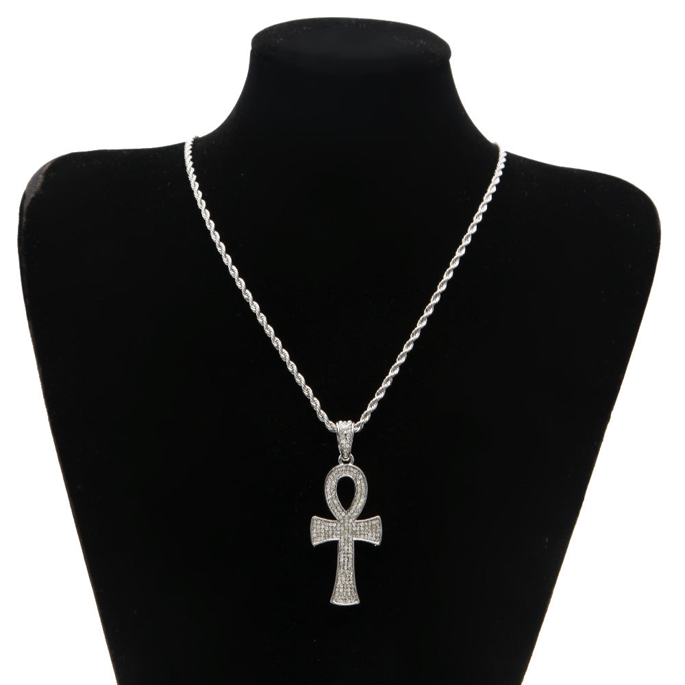 Gold Plated Ankh Pendant Necklace with Crystal Pavé Rope Chain for Women and Men