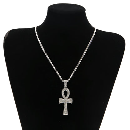 Gold Plated Ankh Pendant Necklace with Crystal Pavé Rope Chain for Women and Men