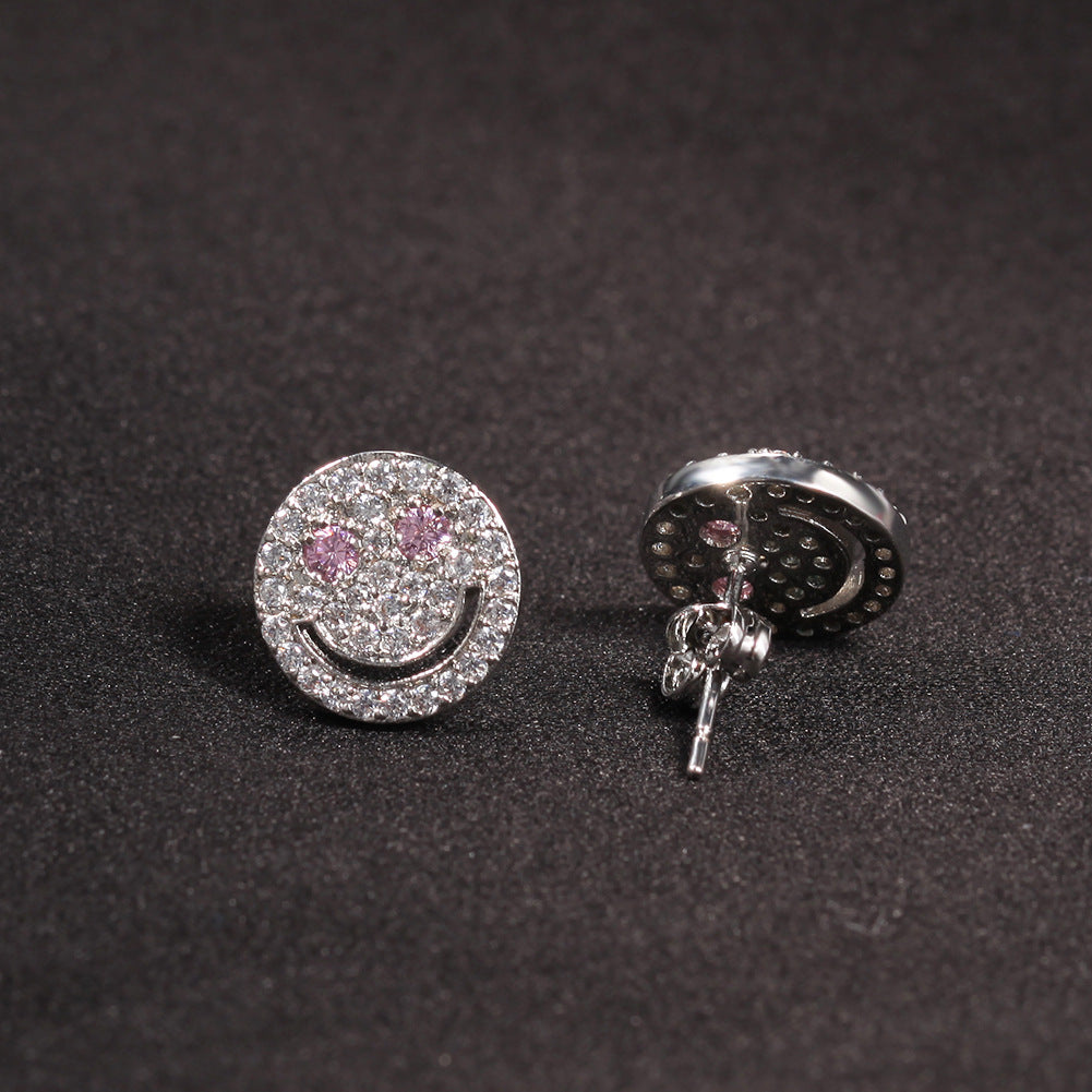 Sparkly Smiley Face Stud Earrings for Women - Crystal Copper Earrings in Silver or Gold Finish product image