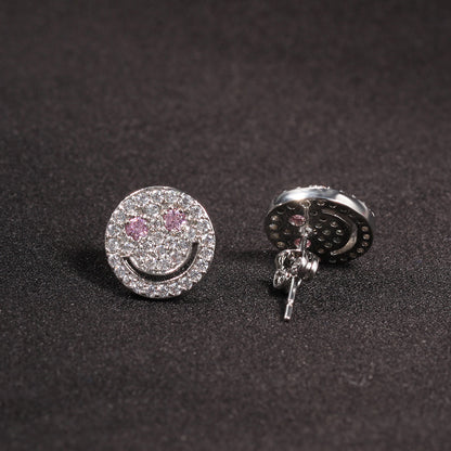 Sparkly Smiley Face Stud Earrings for Women - Crystal Copper Earrings in Silver or Gold Finish