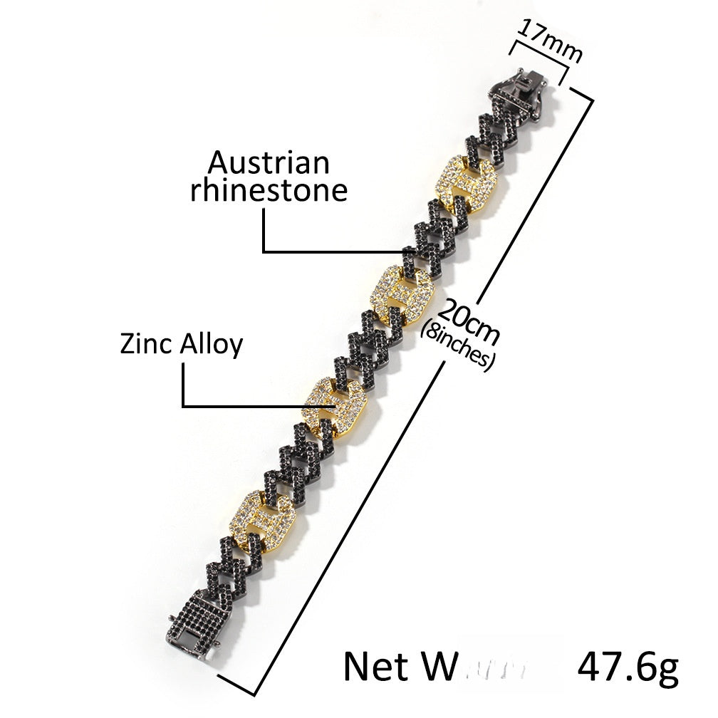 Iced Out Cuban Link Bracelet for Women and Men - Crystal Statement Chain Bracelet in Gold, Silver, Mixed Metal and Gold Black