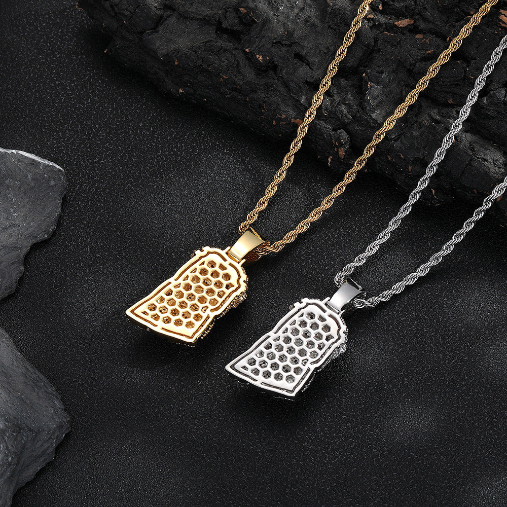 Hip Hop Crown Portrait Pendant Necklace with Twisted Rope Chain, Pave CZ Cartoon Face Jewelry, White-Tone or Gold-Tone product image