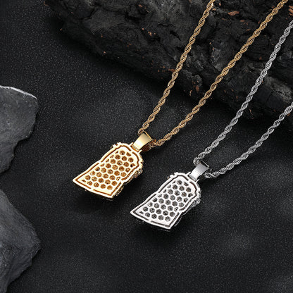 Hip Hop Crown Portrait Pendant Necklace with Twisted Rope Chain, Pave CZ Cartoon Face Jewelry, White-Tone or Gold-Tone