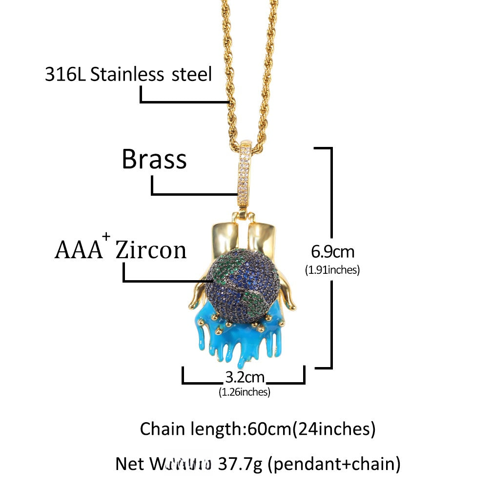 Unisex Dripping Earth Globe Pendant Necklace with Twisted Rope Chain - Gold or Silver Tone, 18/20/24 Inch product image