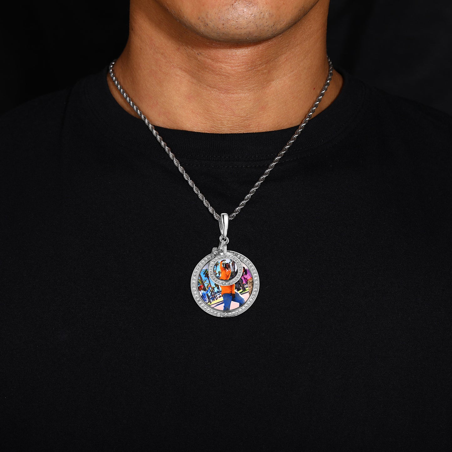 Iced Out Round Photo Pendant Necklace with Rope Chain - Custom Picture Hip Hop Chain in Silver, Gold, or Rose Gold Tone product image