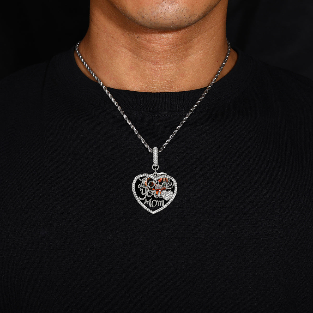 Heart Pendant Necklace for Mom, Iced Out Cubic Zirconia Rope Chain, Hip Hop Love You Mom Necklace, Silver Tone or Golden Tone Copper Jewelry product image