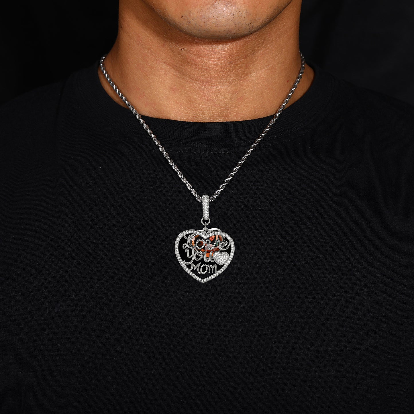 Heart Pendant Necklace for Mom, Iced Out Cubic Zirconia Rope Chain, Hip Hop Love You Mom Necklace, Silver Tone or Golden Tone Copper Jewelry product image
