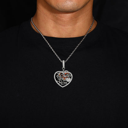 Heart Pendant Necklace for Mom, Iced Out Cubic Zirconia Rope Chain, Hip Hop Love You Mom Necklace, Silver Tone or Golden Tone Copper Jewelry