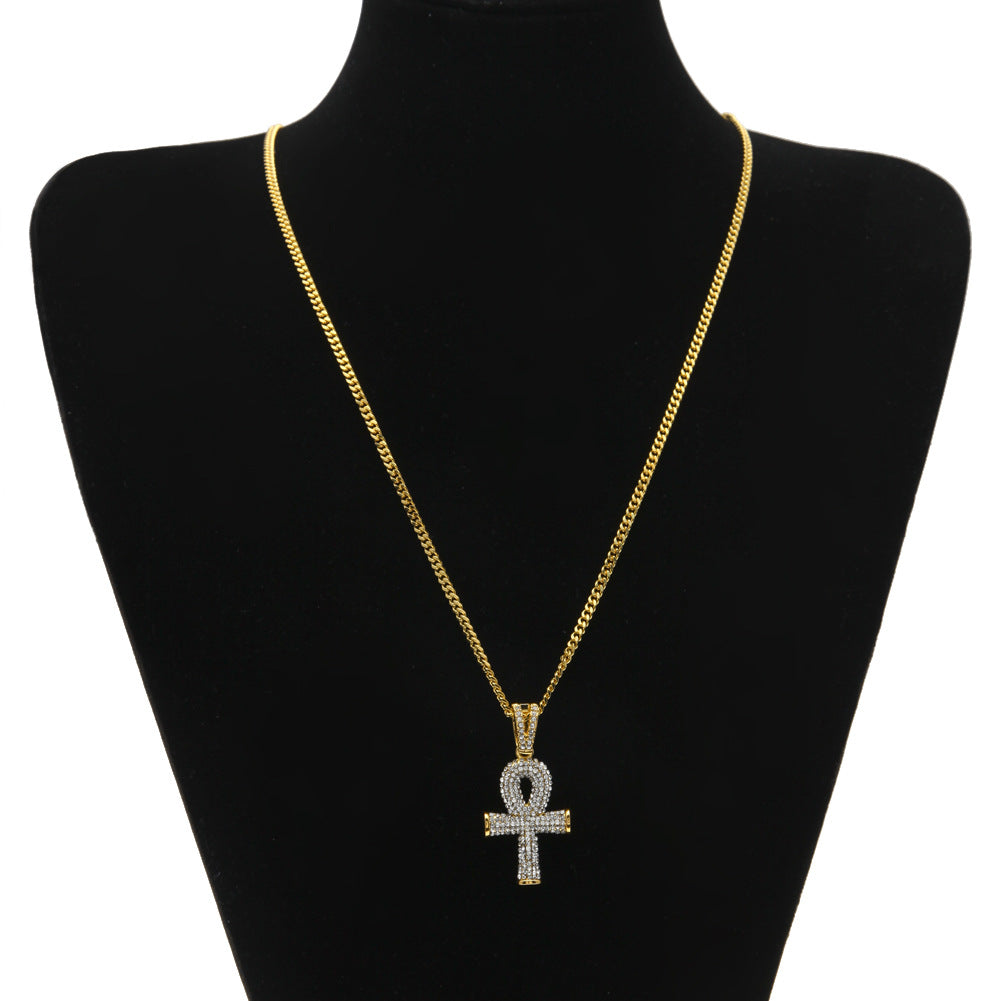 Gold Tone Crystal Ankh Pendant Necklace with 3mm Cuban Chain for Women