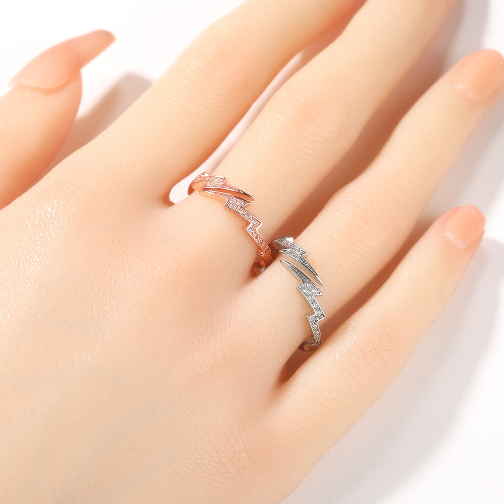 Lightning Bolt Cubic Zirconia Ring for Women & Men - Silver, Rose Gold, Gold Statement Open Band