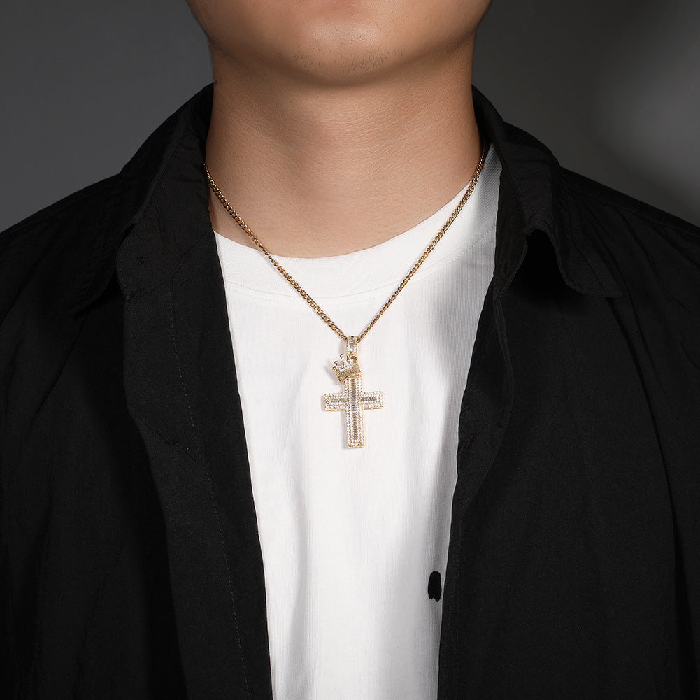 Iced Out Cross Pendant Necklace with Crown Detail for Men & Women - Cubic Zirconia Statement Chain in Gold or Silver