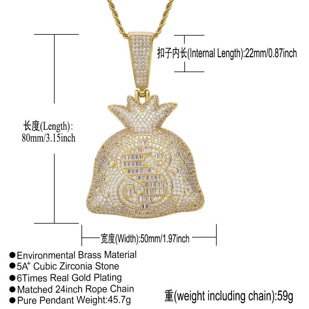 Hip Hop Dollar Money Bag Copper Pendant Necklace for Men and Women