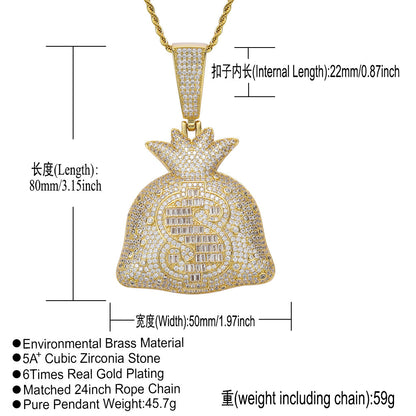 Hip Hop Dollar Money Bag Copper Pendant Necklace for Men and Women