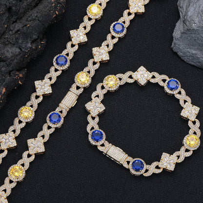 Unisex Geometric Cubic Zirconia Square Pendant Link Chain Necklace Bracelet