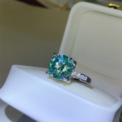 Green Moissanite Solitaire Ring with Side Accents for Women, Round Cut Geometric Statement Ring