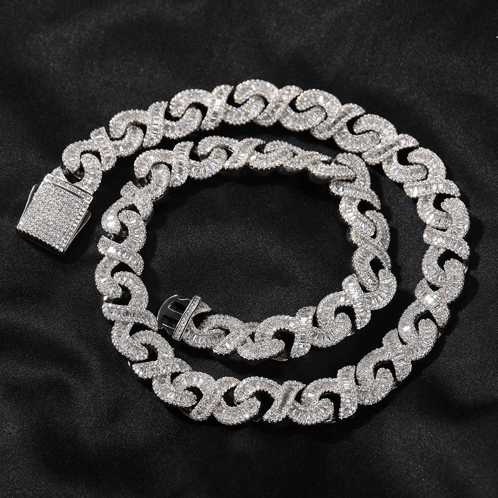 Infinity Link Cuban Chain Necklace & Bracelet with Cubic Zirconia - Unisex Statement Pendant Chain in Gold Plated or Silver Plated