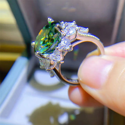 Green Moissanite Halo Ring for Women, Geometric U Shape Engagement Ring, 3 Carat and 10 Carat Statement Ring