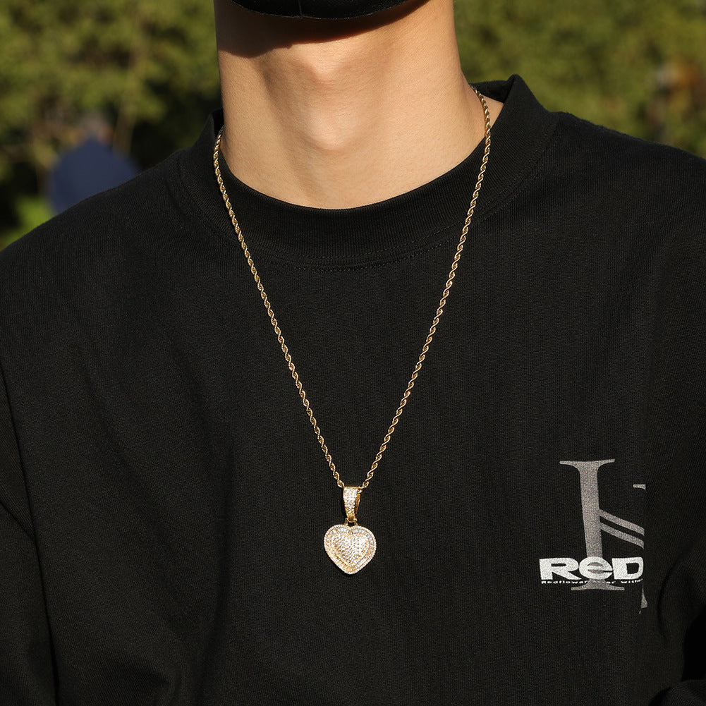Heart Pendant Necklace with Cubic Zirconia Rope Chain for Women, Hip Hop Statement Gold Plated or Silver Plated Chain Necklace