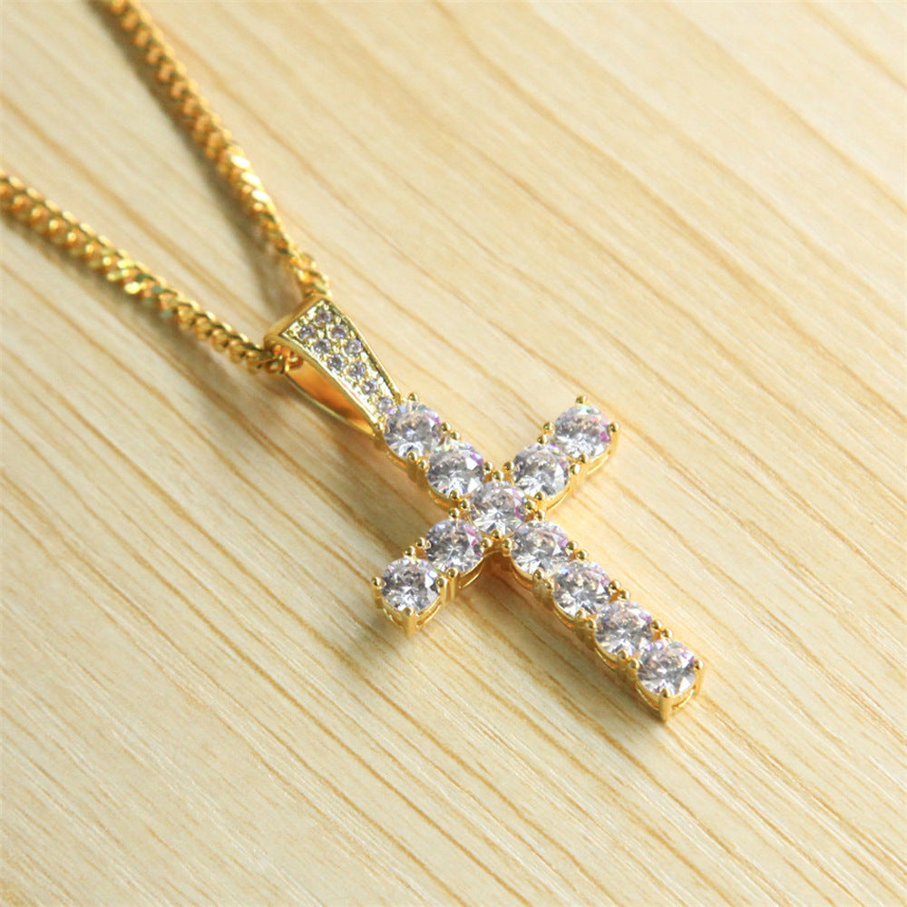 Iced Cross Pendant Necklace for Men & Women with Cubic Zirconia, Gold Plated or Silver Plated Stainless Steel Chain