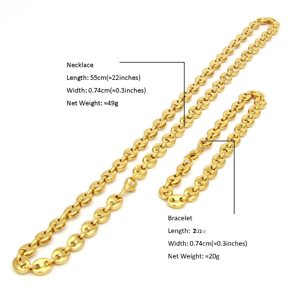 Unisex Stainless Steel Chain Necklace Bracelet Set, Gold Plated or Silver Plated Statement Link Jewelry