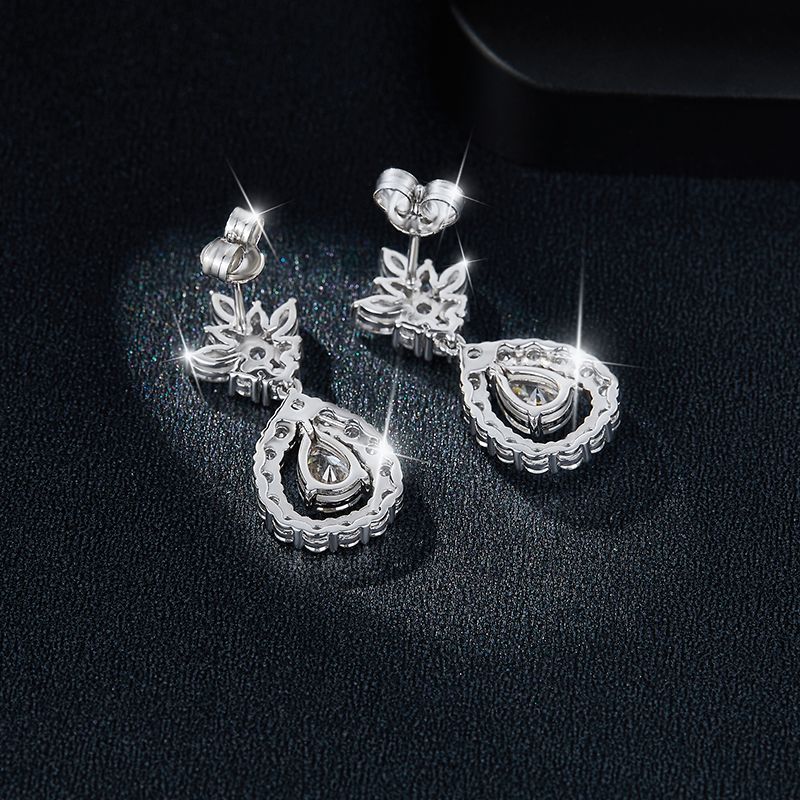 Moissanite Drop Earrings for Women, Pear Floral Stud Dangle Earrings, S925 Silver 18K Gold Plated product image