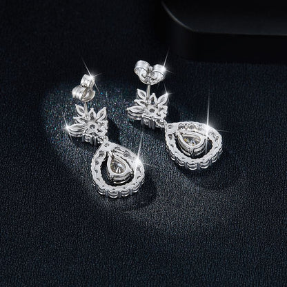 Moissanite Drop Earrings for Women, Pear Floral Stud Dangle Earrings, S925 Silver 18K Gold Plated