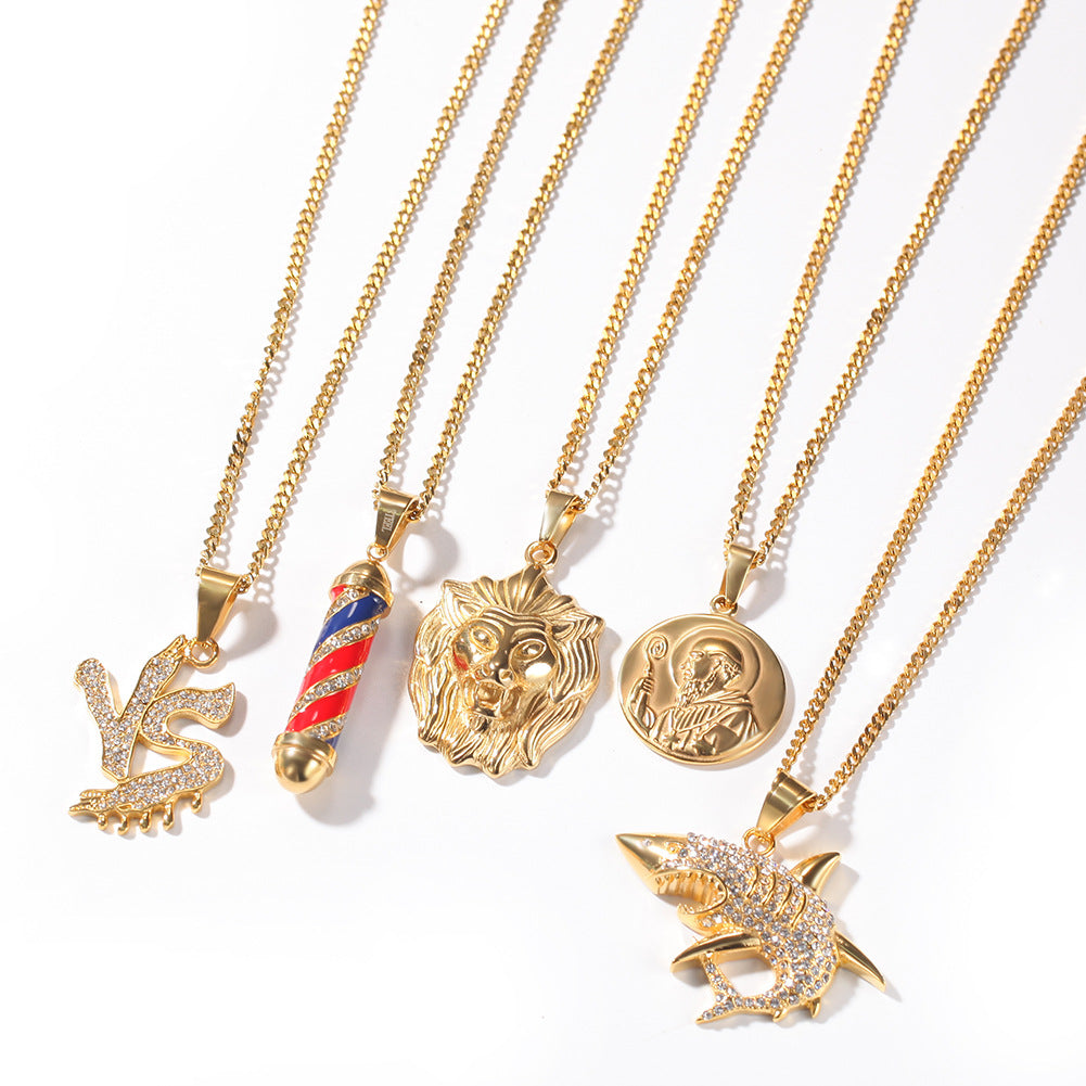 Iced Shark Pendant Necklace for Women and Men - Gold Tone Stainless Steel Cubic Zirconia Hip Hop Statement Chain