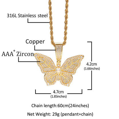 Iced Out Butterfly Pendant Necklace with Cubic Zirconia Chain for Women and Men